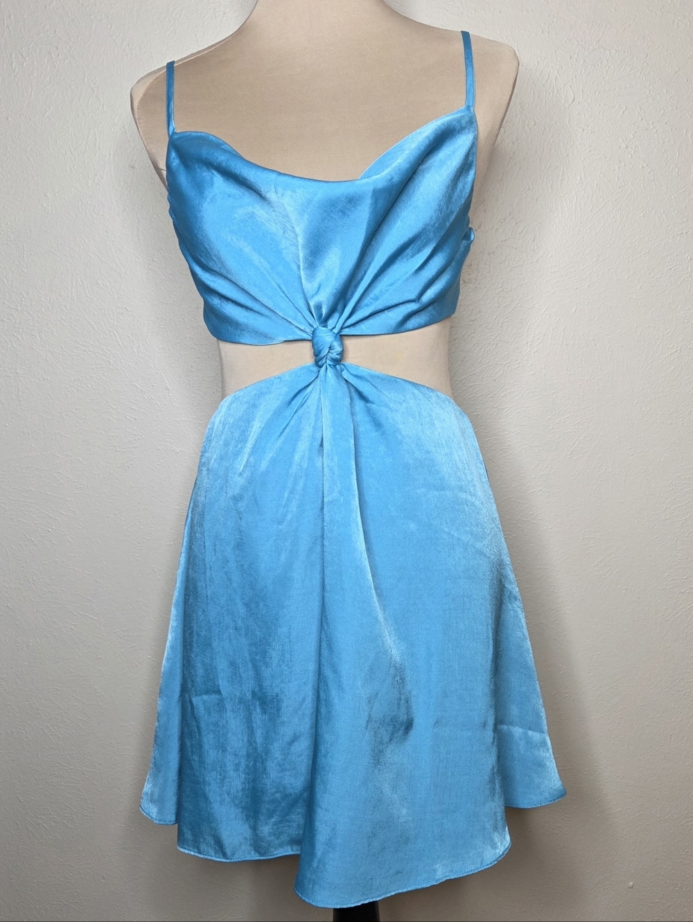Grey Lab Cutout Satin Mini Dress Aqua Blue Tie Back Cowl Neck M